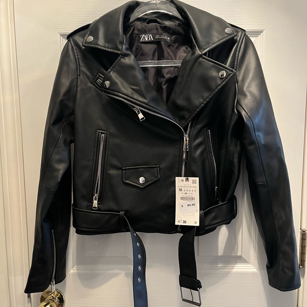 Zara Women's Black Faux Leather Biker Jacket